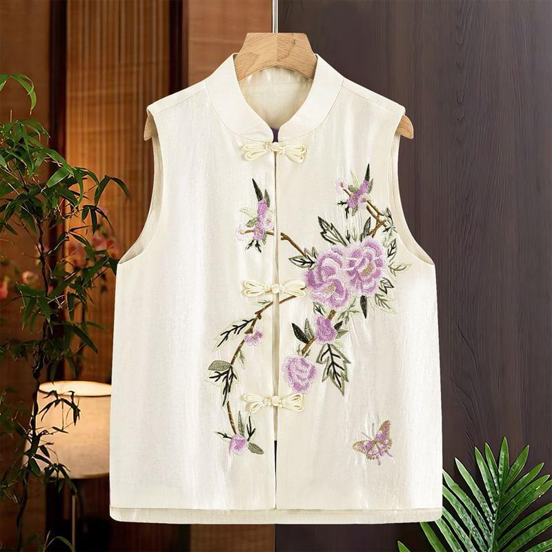 Mandarin Collar Floral Embroidered Frog Button Vest Product Image