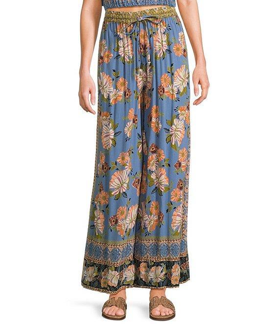 Angie Floral Border Print Elastic Waist Ruffle Hem Coordinating Pants Product Image