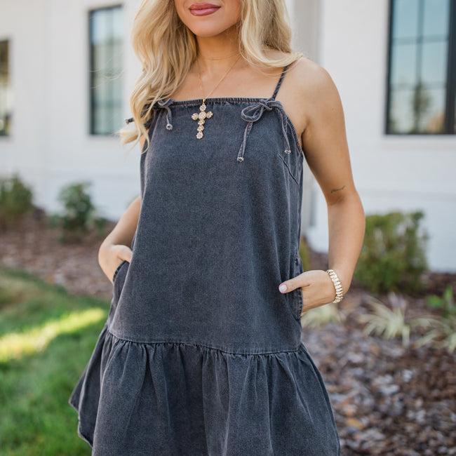 A World Like That Washed Black Tie Strap Denim Dress FINAL SALE Product Image