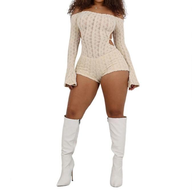 Off-Shoulder Long-Sleeve Patterned Cutout Romper Product Image