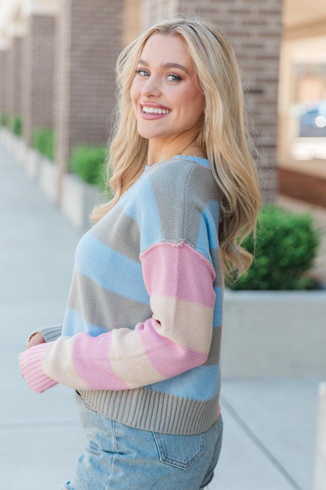 Take Your Time Mauve and Sage Color Block Striped Crop Sweater Product Image