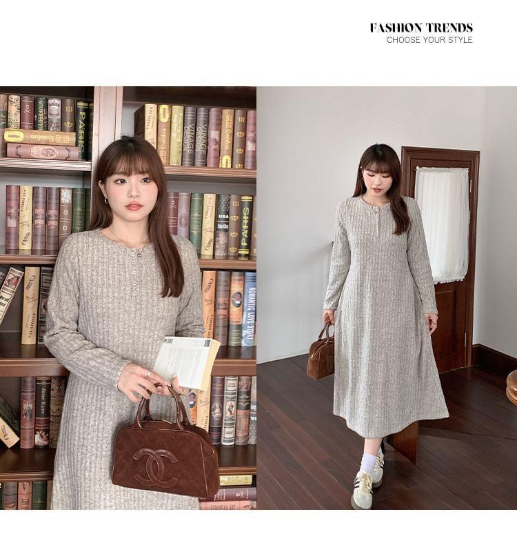 Long-Sleeve Plain Ribbed Midi A-Line Dress Product Image