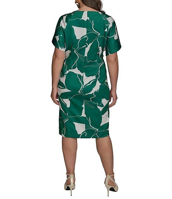 Donna Karan Plus Size Scuba Boatneck Short Sleeve Midi Sheath Dress Product Image