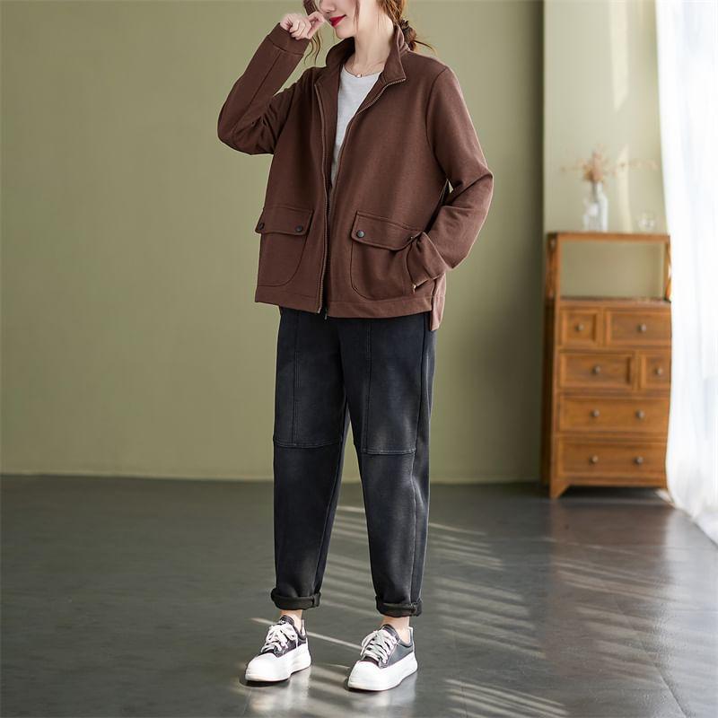 Stand Collar Plain Zip Jacket Product Image