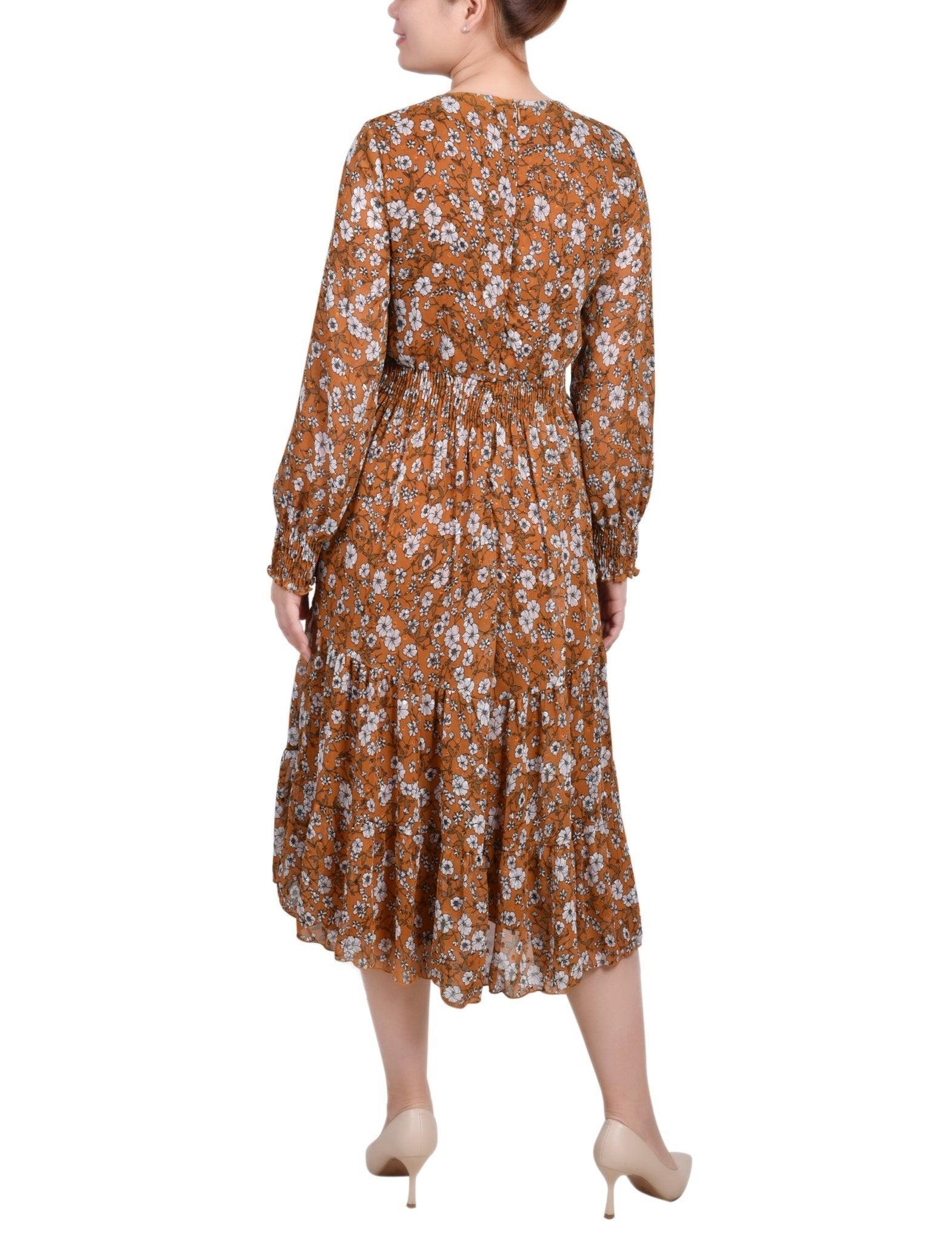 Mustard Floral Long Sleeve Clip Dot Chiffon Dress With Smocked Waist and Cuffs Product Image