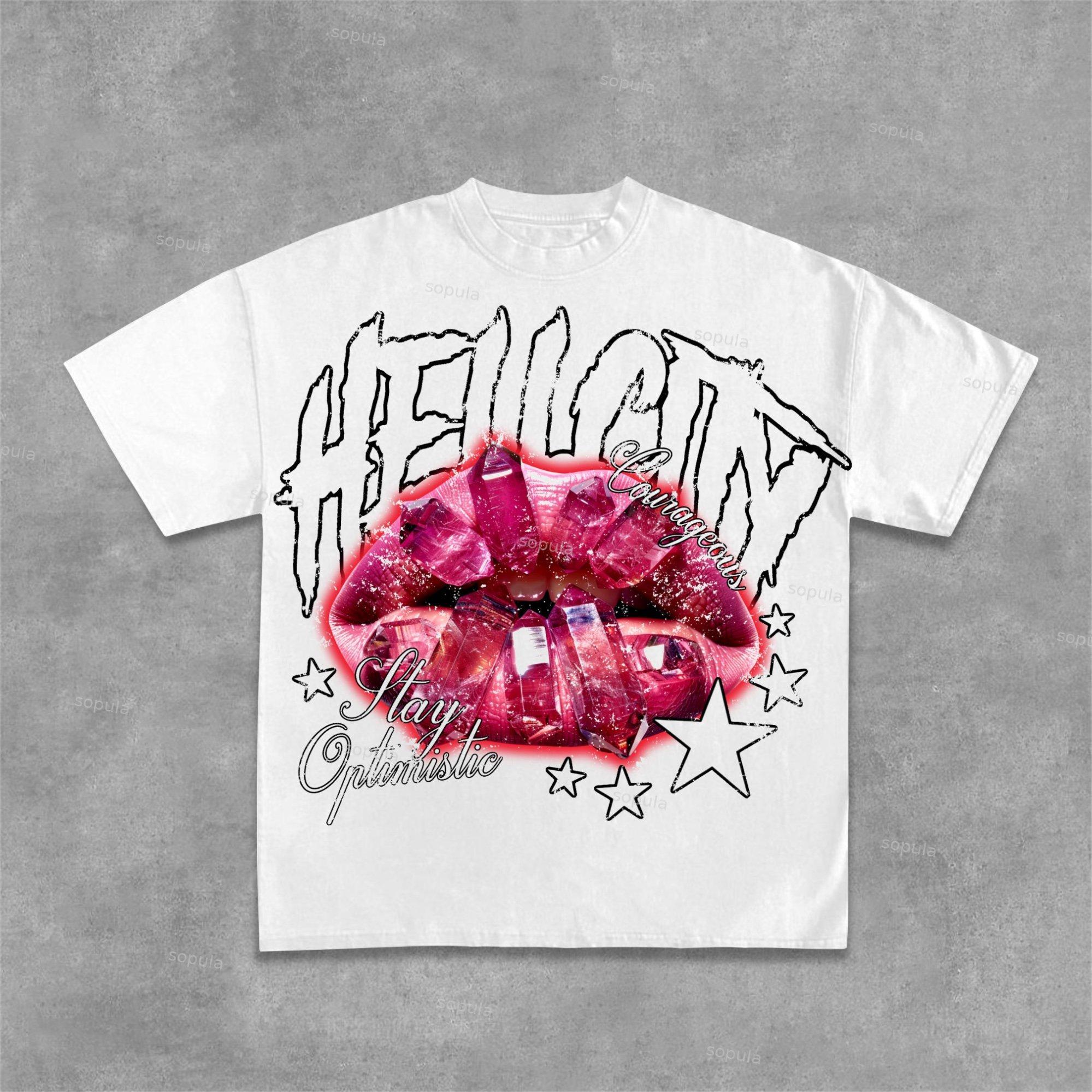 Hellcity - New Print Pattern Design - Red Lips Cotton T-Shirt Product Image