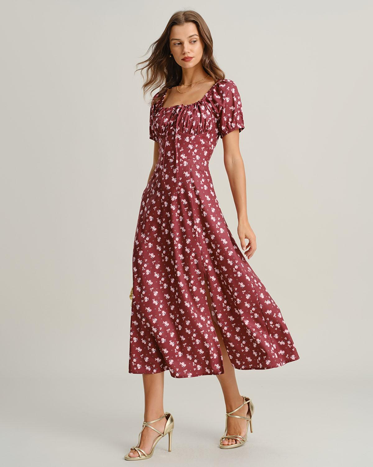 Wine Red Floral Square Neck Puffed Sleeve Midi Dress Product Image