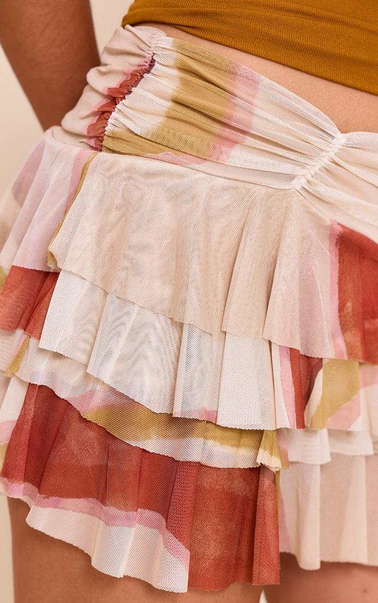 Beige Printed Mesh Frilly Low Waist Mini Skirt Product Image