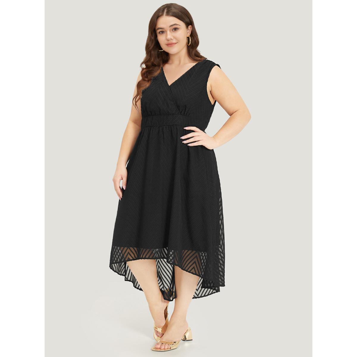 Plus Size Solid Pocket Wrap High Low Hem Tank Dress Black Women Glamour Plain V-neck Sleeveless Curvy Midi Dress BloomChic 26/4X Product Image