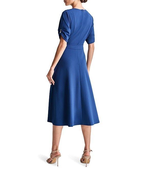 DKNY by Donna Karan Knit Round Neck Short Ruched Sleeve Tie Waist Midi Dress Product Image