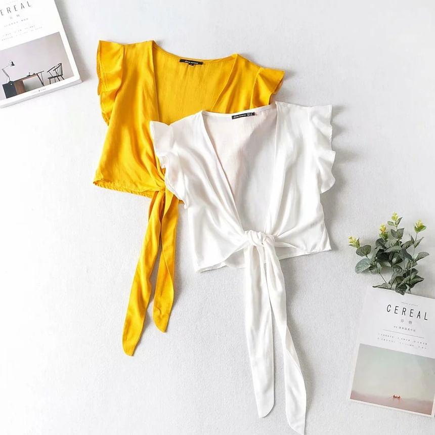 Sleeveless V-Neck Plain Ruffle Tie Front Crop Top Product Image
