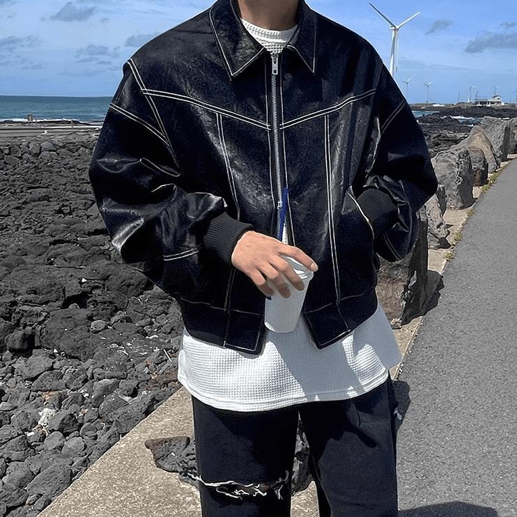 RT No. 9416 BLACK STITCHED ZIP-UP LEATHER JK Product Image