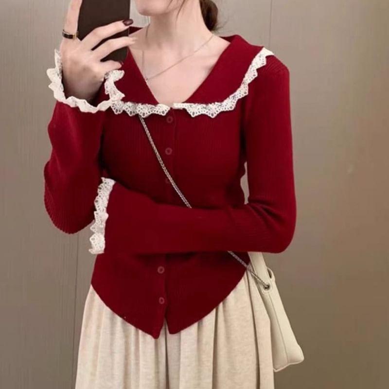 Long-Sleeve Collar Lace Trim Ribbed Button Knit Top Product Image