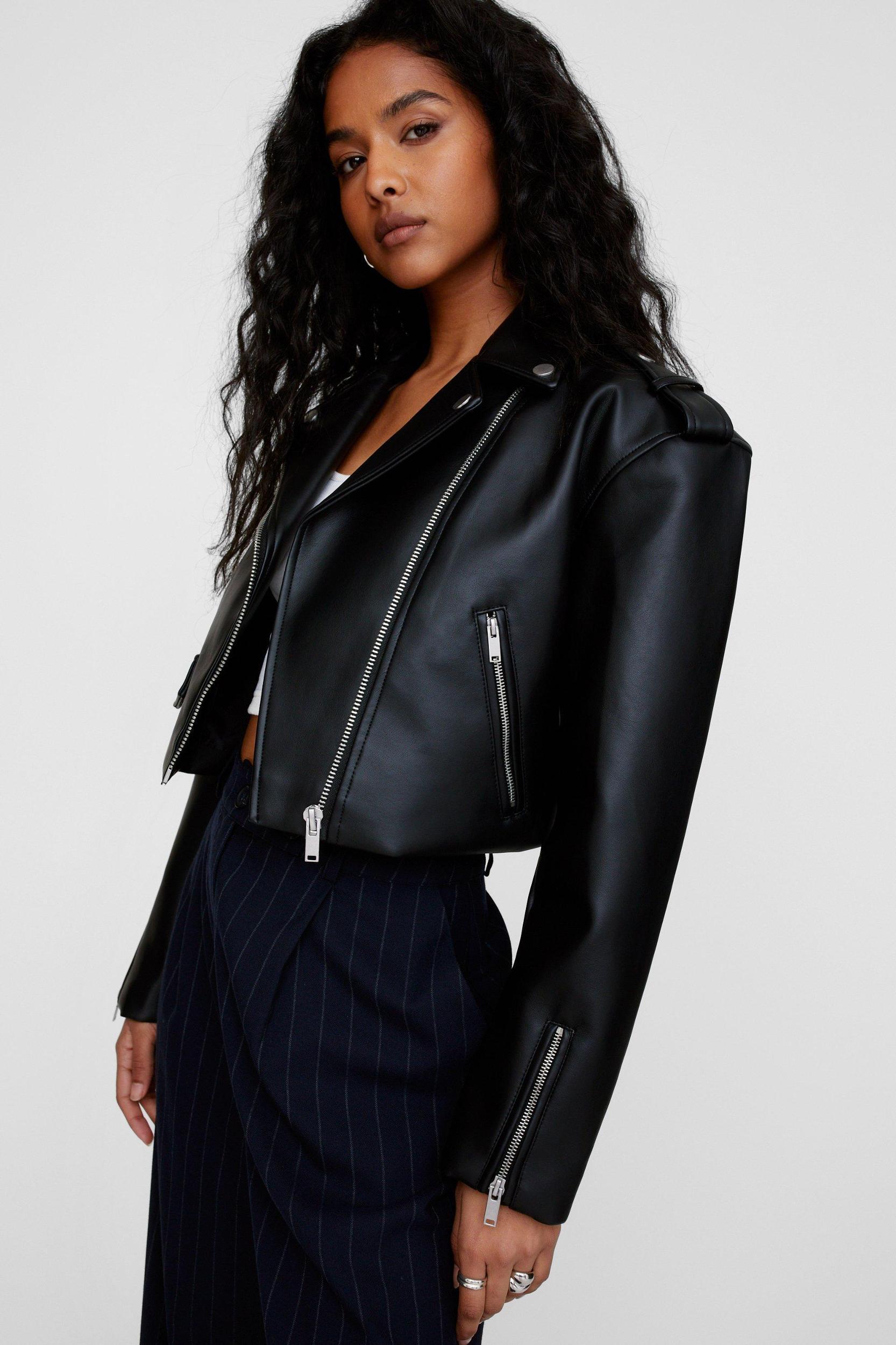 Essentials Cropped Faux Leather Boxy Biker  Product Image