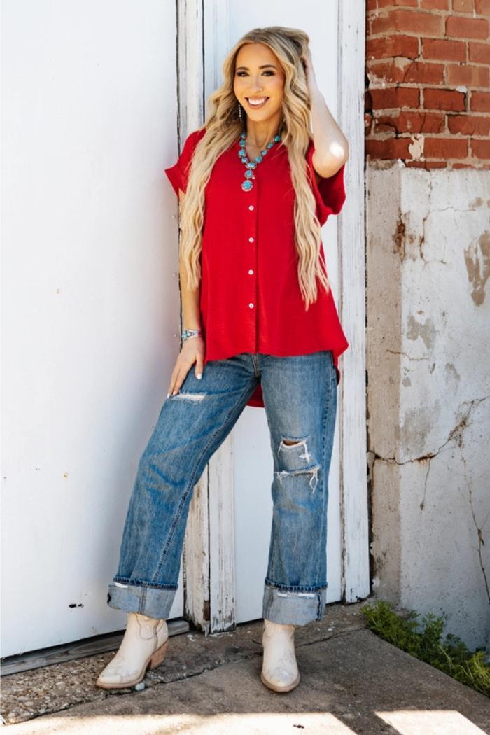 Pleated Button Woven Top Product Image