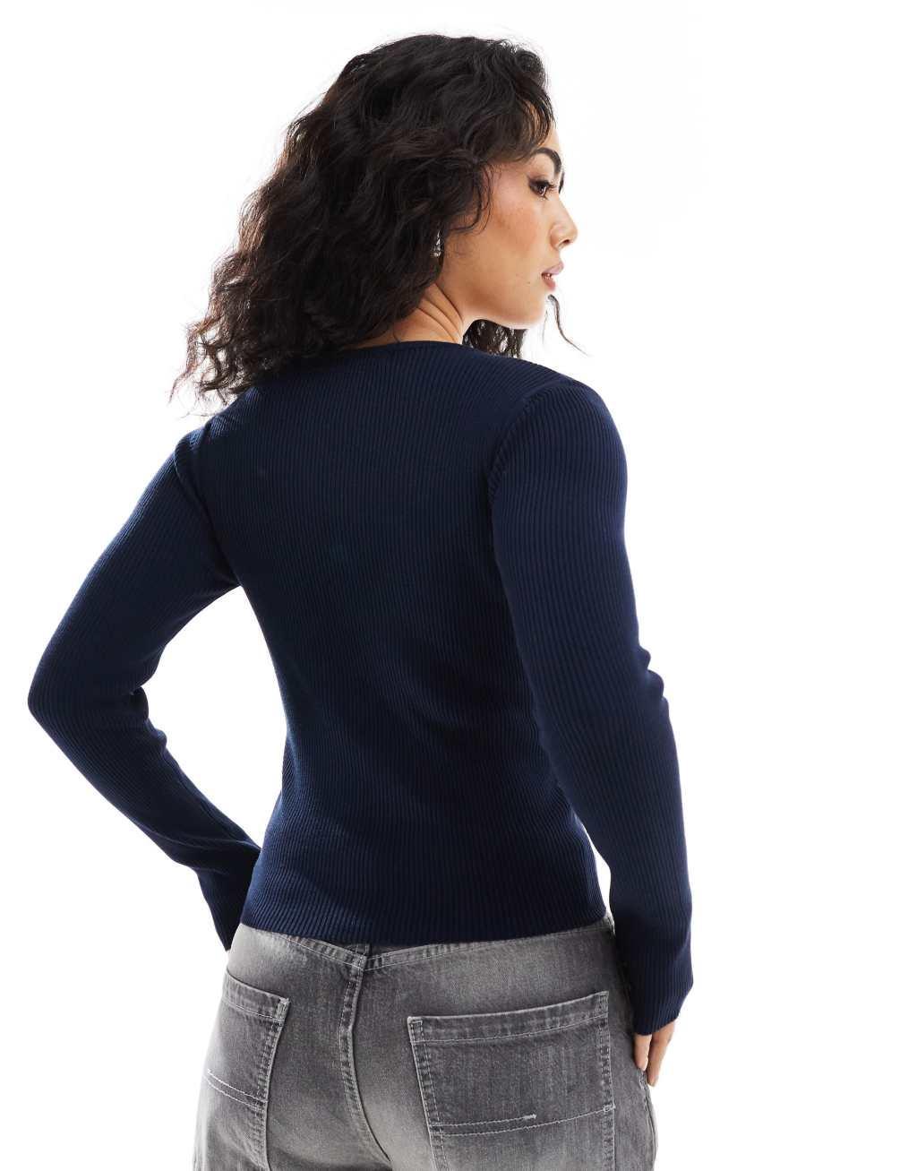 Stradivarius fitted ribbed cardigan in navy Product Image