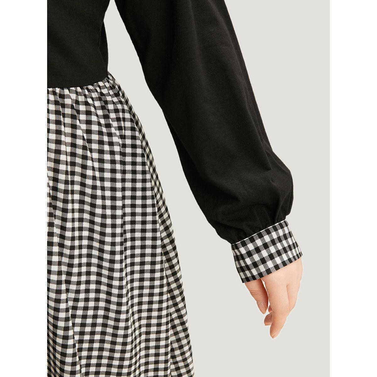 Plus Size Gingham Patchwork Pocket Shirt Collar Dress Black Women Office Patchwork Shirt collar Long Sleeve Curvy Midi Dress BloomChic 14-16/1X Product Image