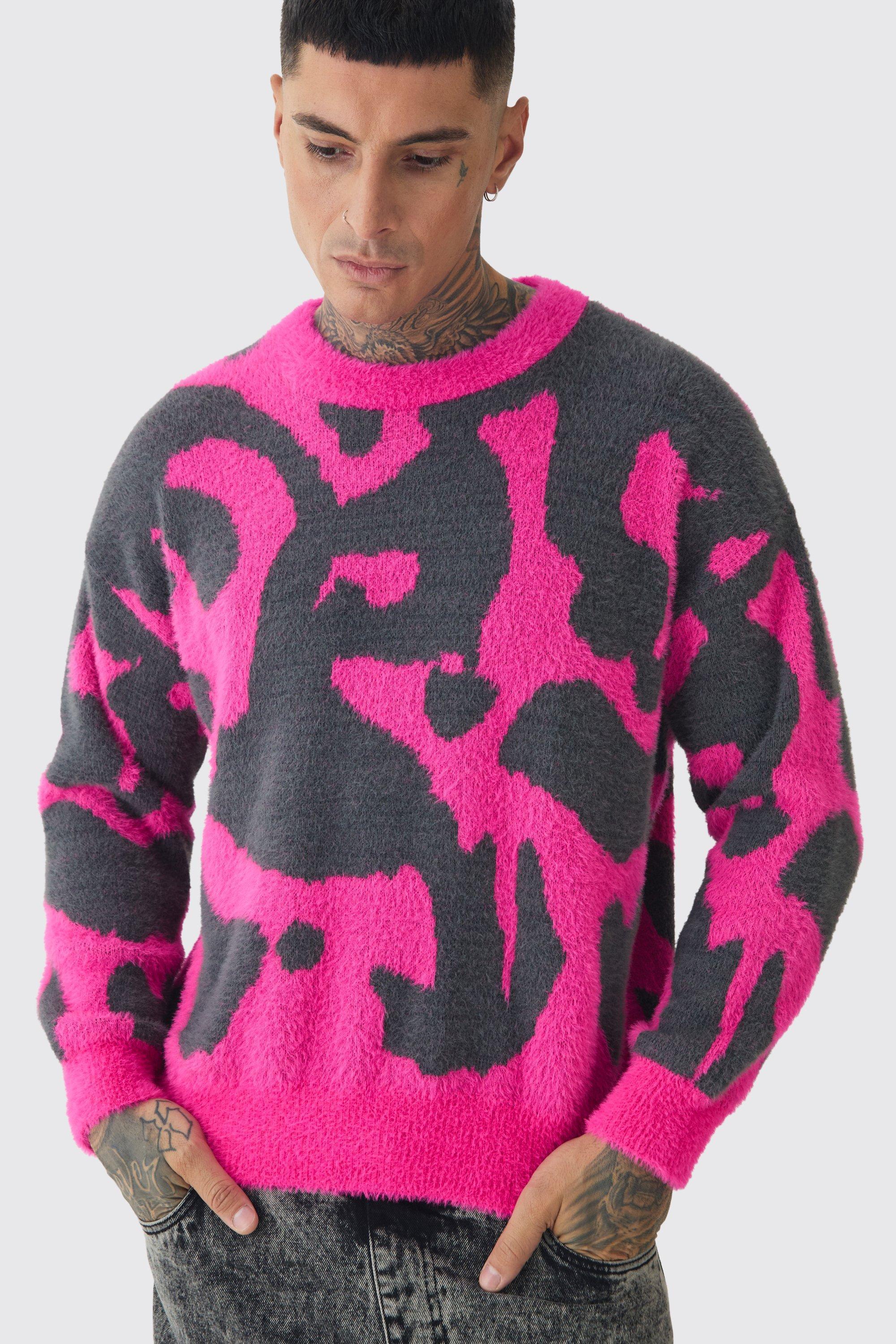 Mens Pink Tall Fluffy Knit Abstract Sweatshirt, Pink Product Image