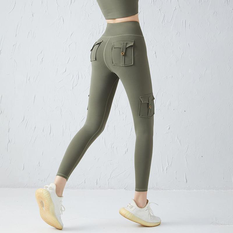 High Waist Plain Flap Pocket Sports Leggings Product Image