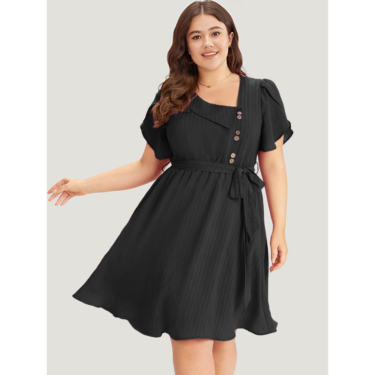 Plus Size Solid Irregular Neck Pocket Button Detail Petal Sleeve Dress Black Women Office Button Asymmetrical Neck Short sleeve Curvy Knee Dress BloomChic 26/4X Product Image