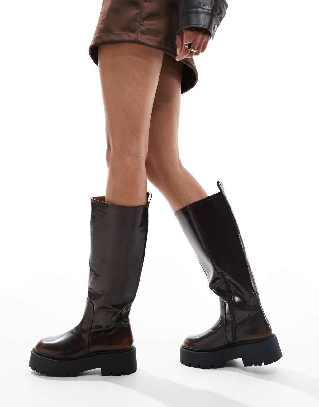 ASOS DESIGN Carmen chunky flat knee boots in brown Product Image