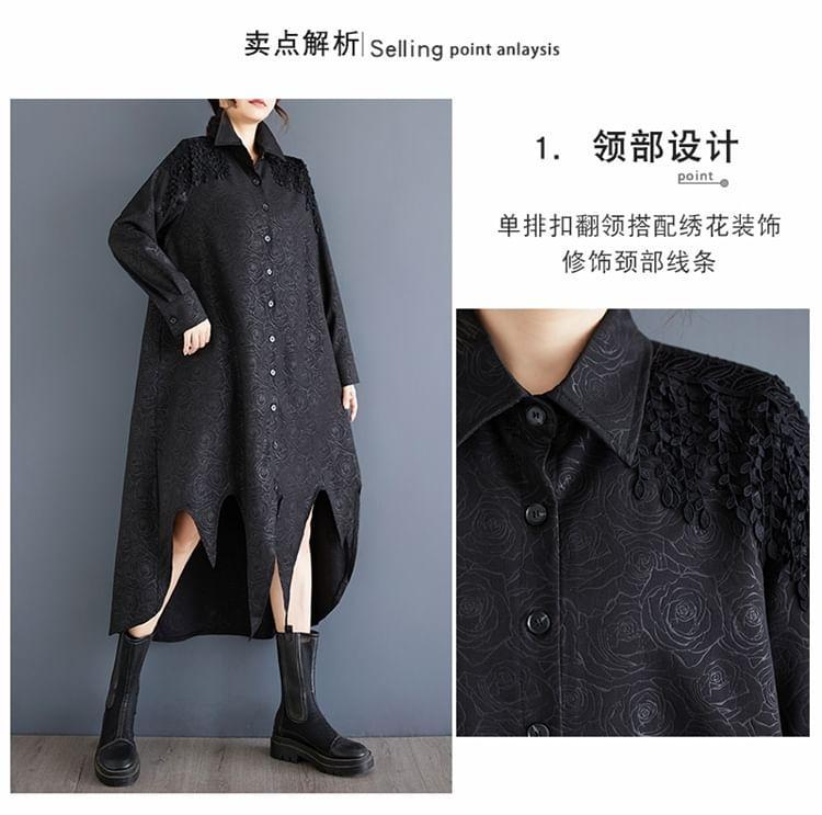 Long-Sleeve Jacquard Asymmetrical Midi Shirt Dress Product Image