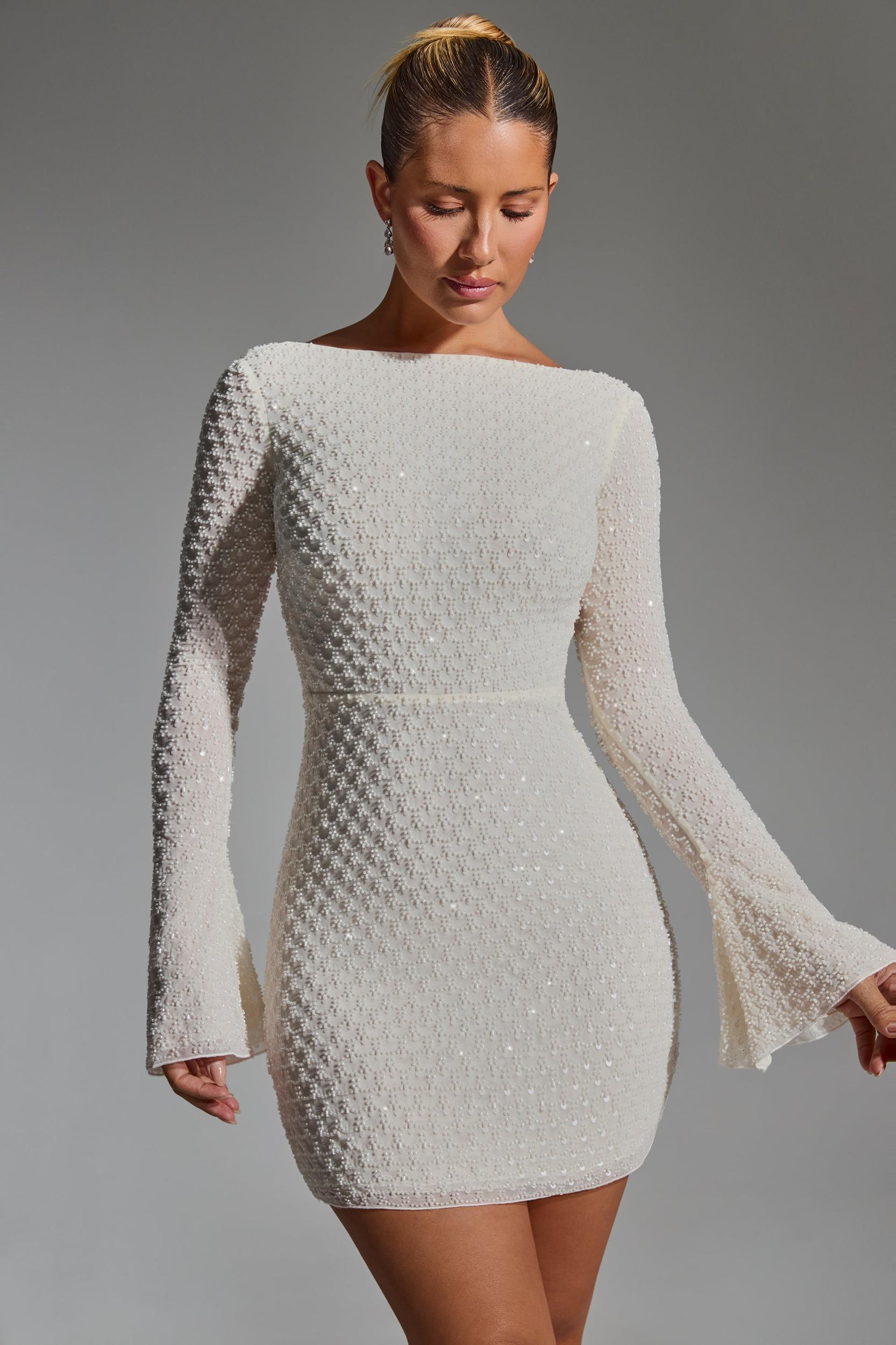 Embellished Open-Back A-Line Mini Dress in White Product Image