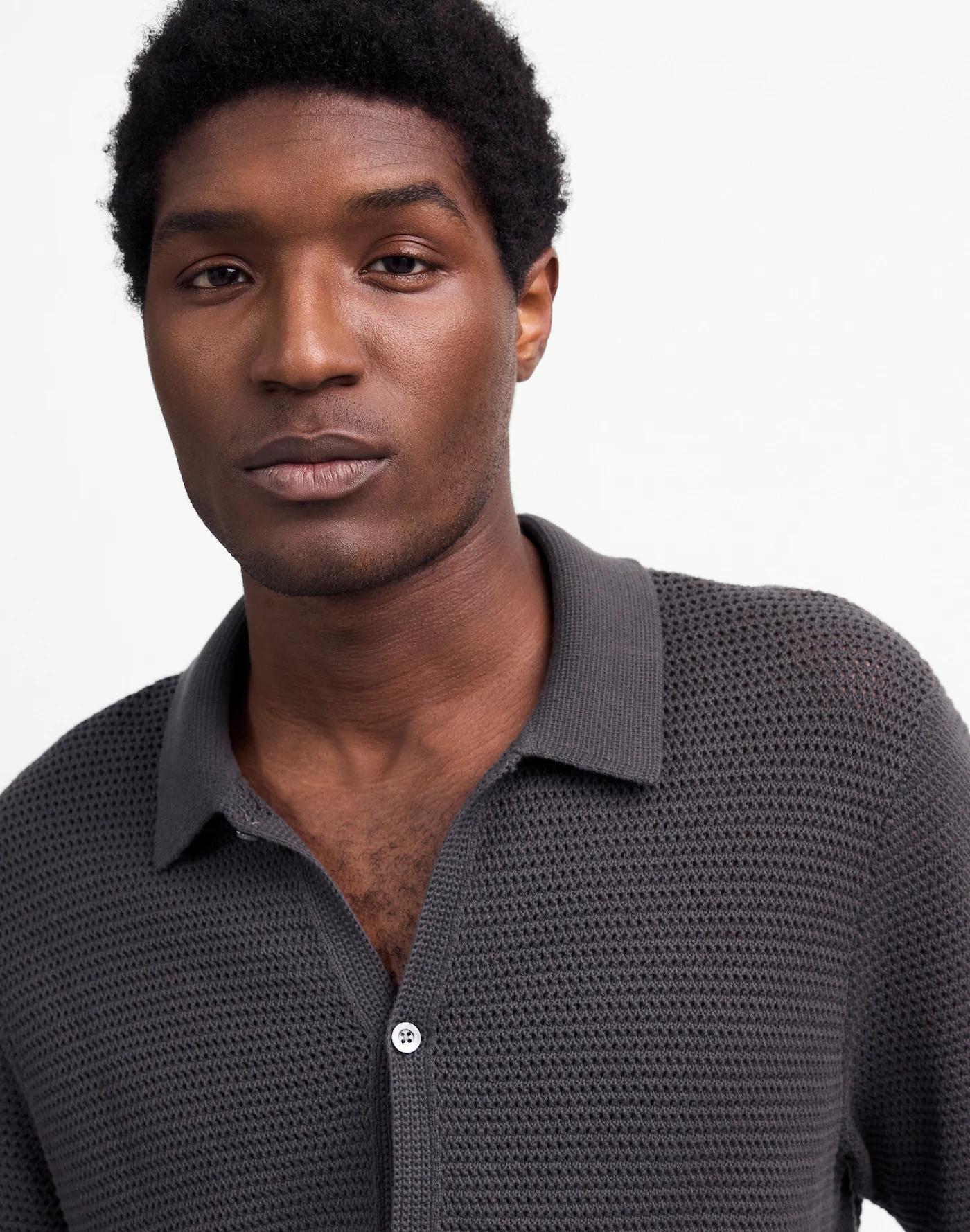 Open-Stitch Button-Up Sweater Polo Product Image