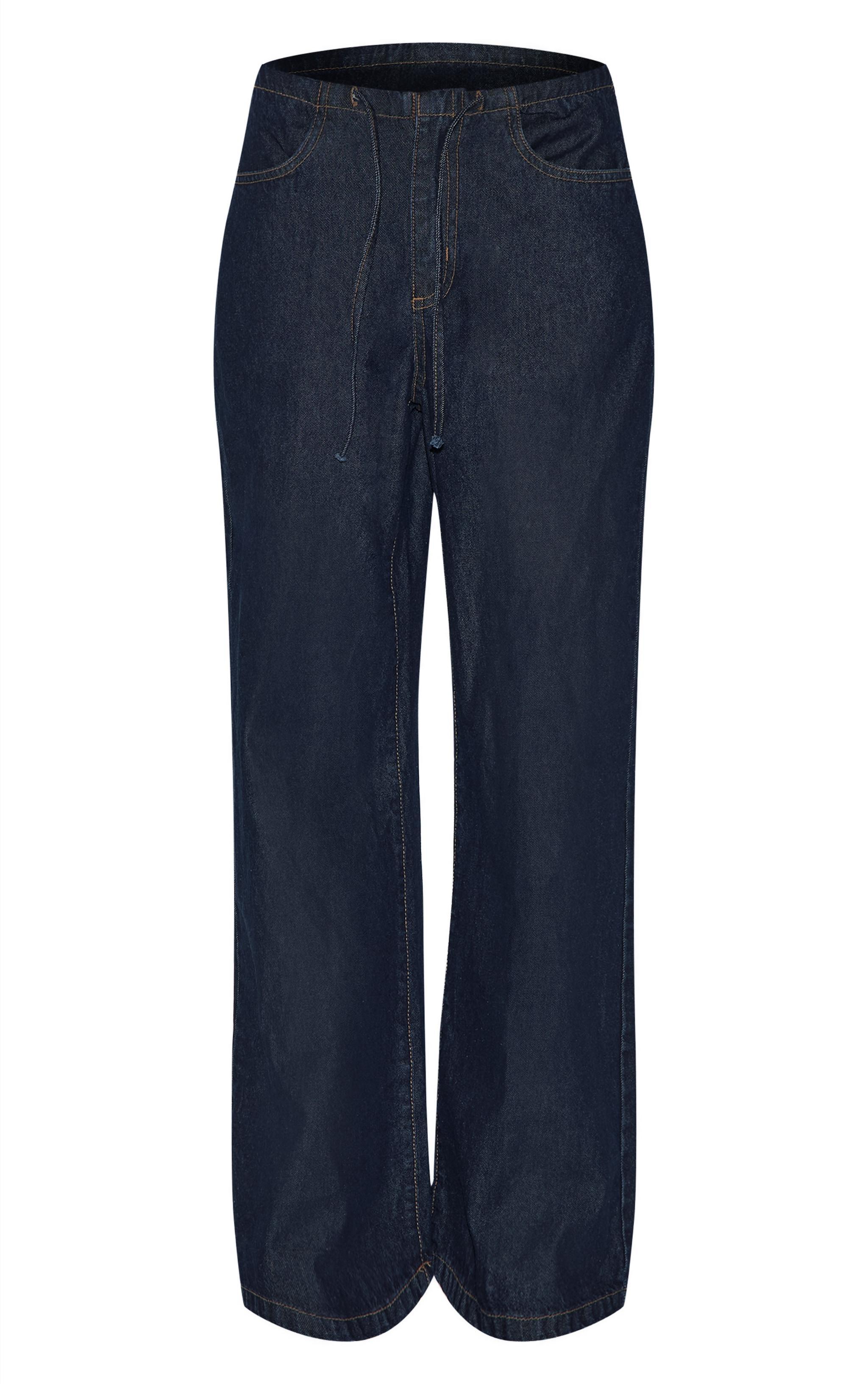 Dark Indigo Low Rise Tie Waistband Wide Leg Jeans Product Image