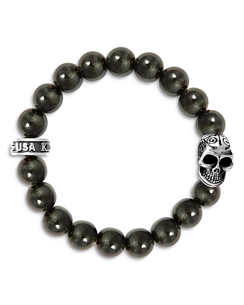 King Baby Studio Blue Tiger Eye Bead Bracelet with Day of the Dead Skull Product Image