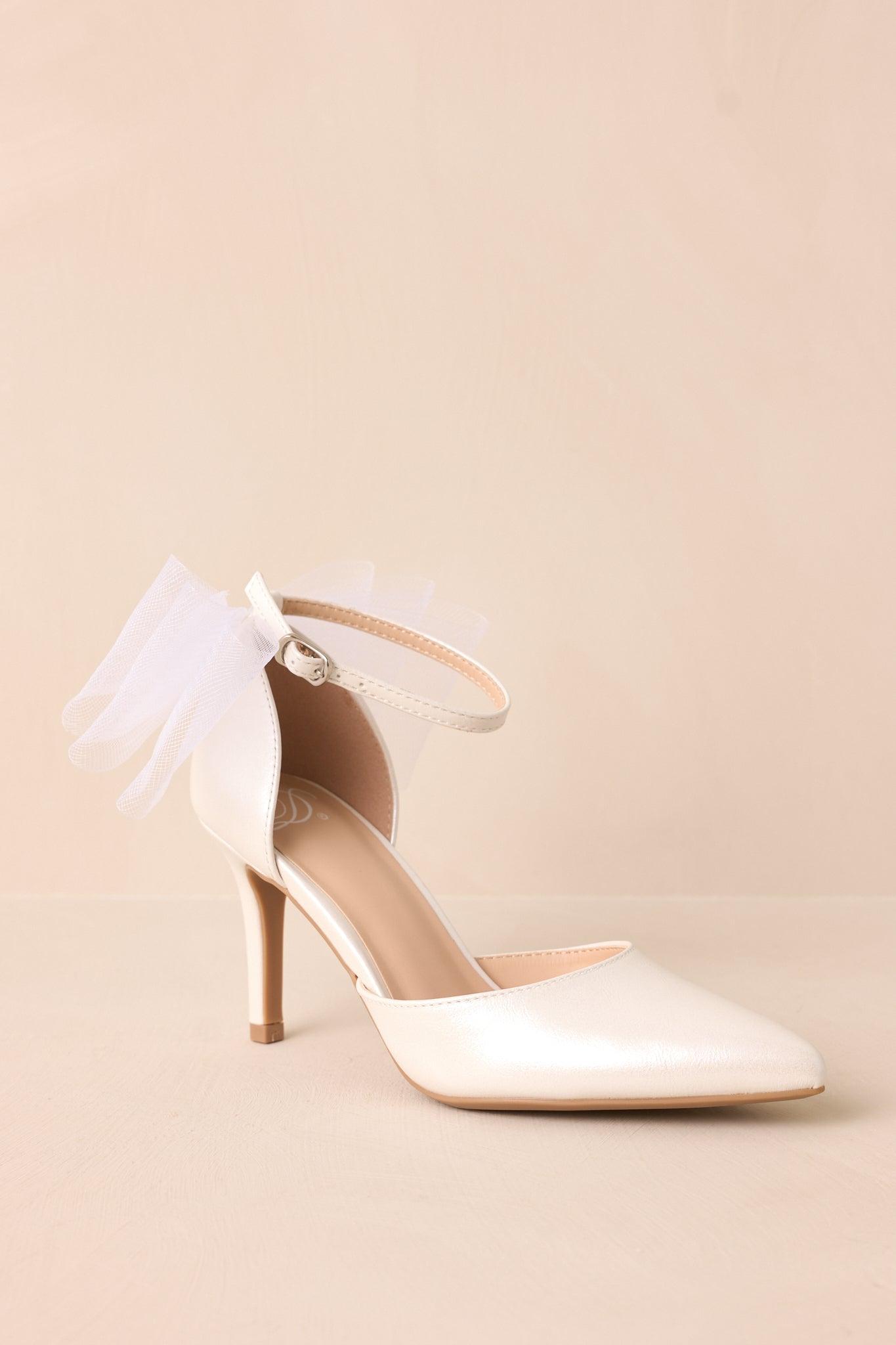 Love At First Sight Ivory Pointed-Toe Bow Ankle Strap Heels Product Image