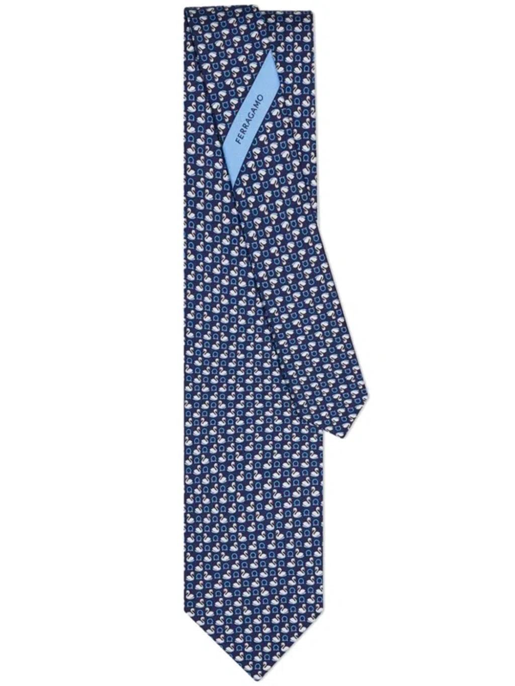 FERRAGAMO Swan-print Silk Tie In Blue Product Image