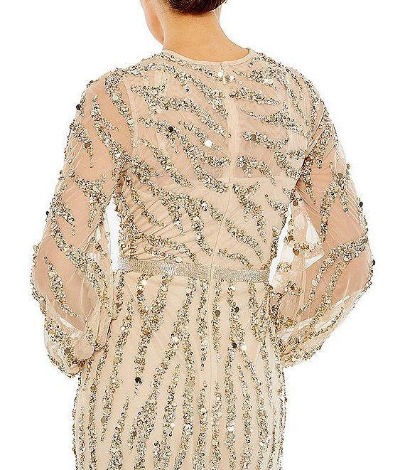 Mac Duggal Beaded Sequin High Crew Neck Long Sheer Puff Sleeve Gown Product Image