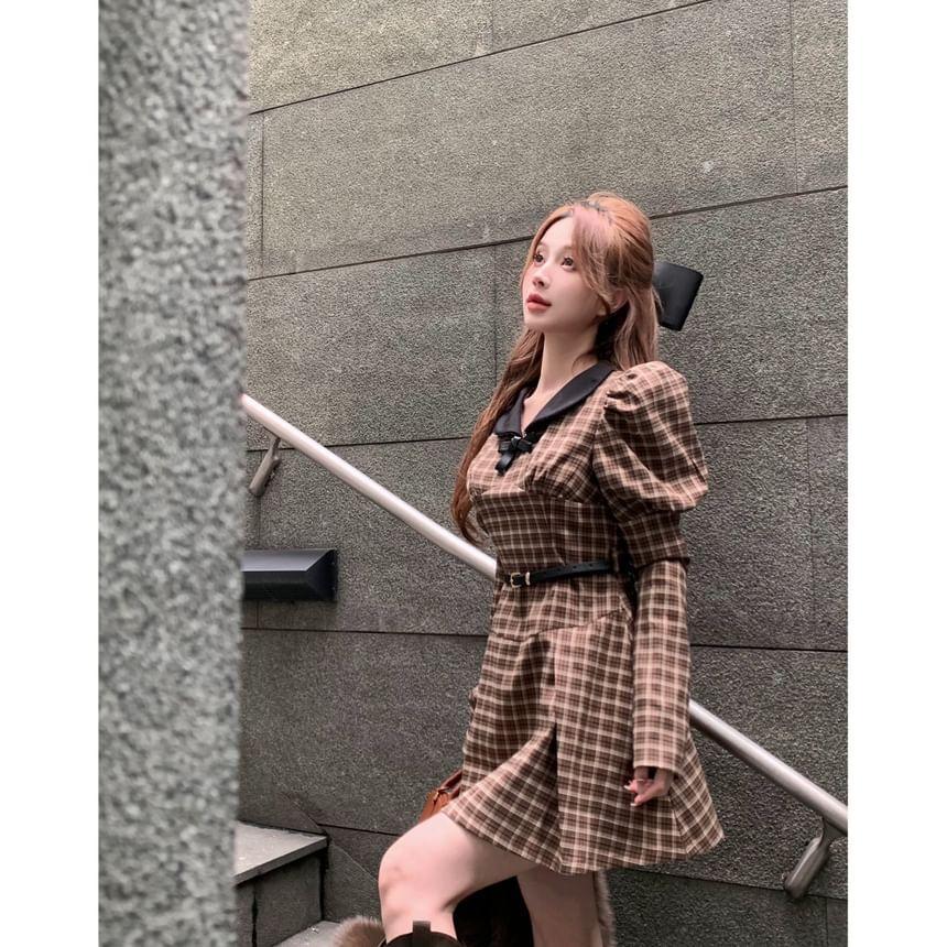 Long-Sleeve Contrast Collar Plaid Bow Mini A-Line Dress / Plain Fluffy Jacket / Belt Product Image