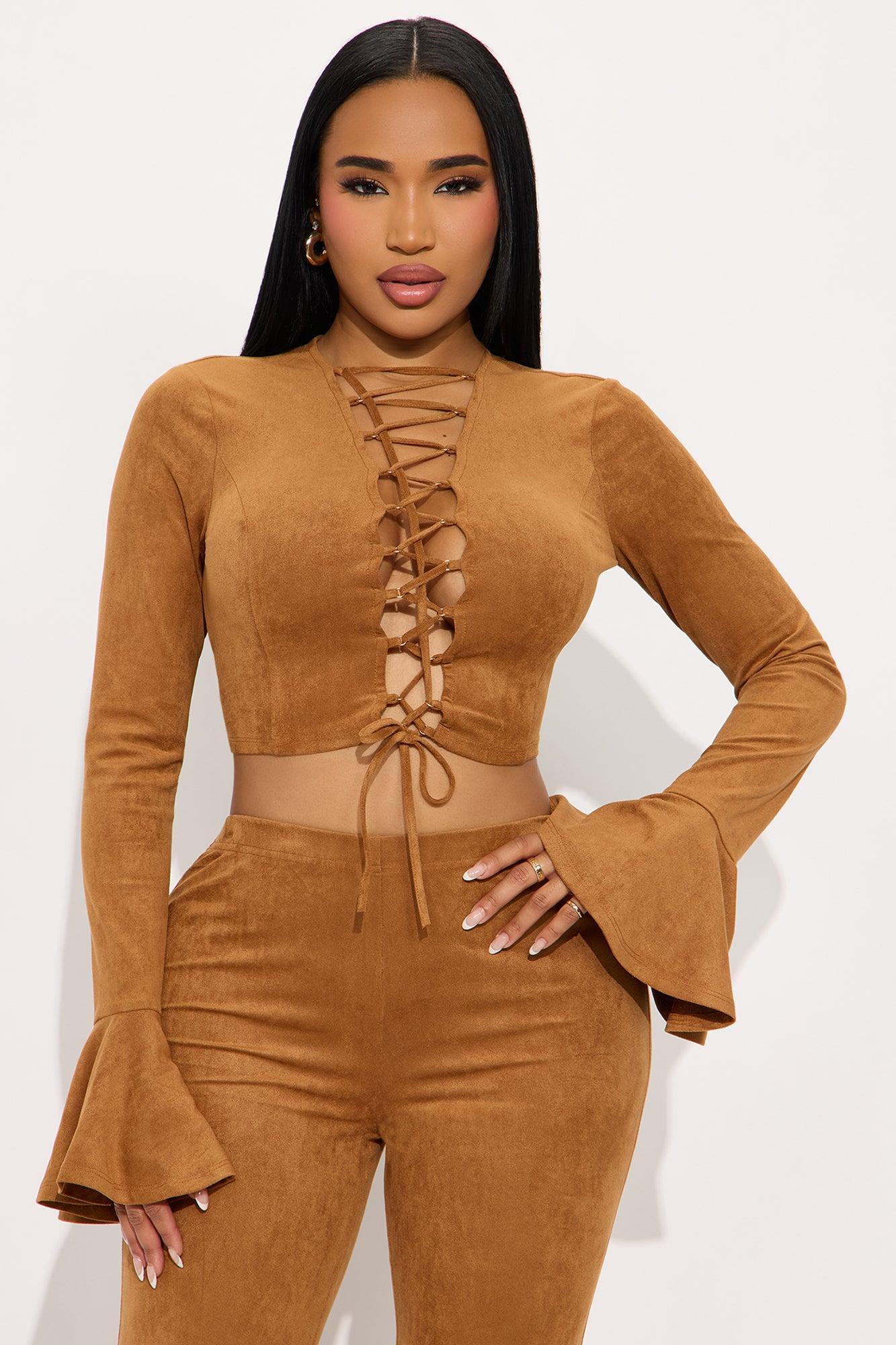 Taking It Back Faux Suede Pant Set - Camel Female Product Image