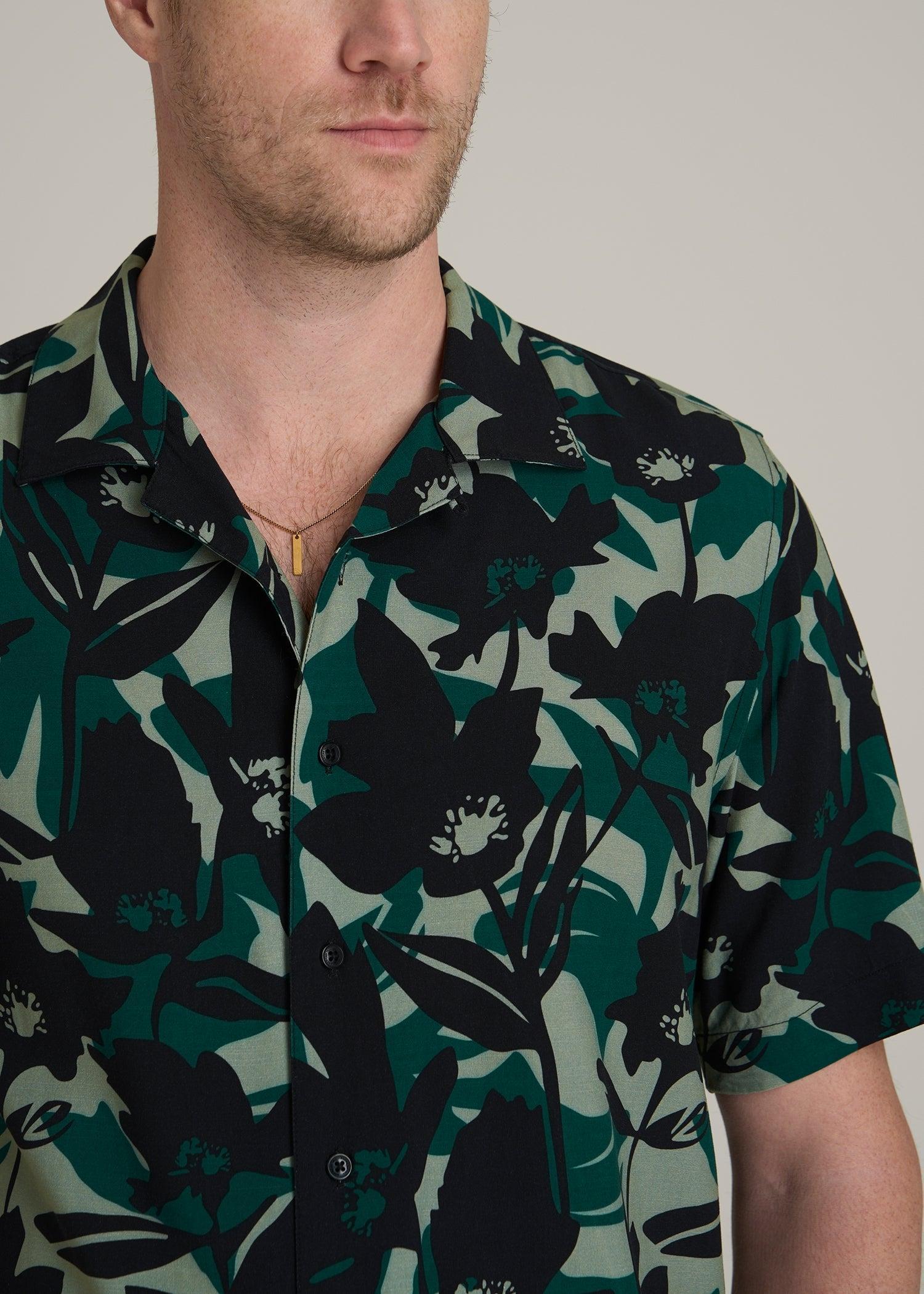 Short Sleeve Resort Shirt for Tall Men in Green and Black Floral Male Product Image