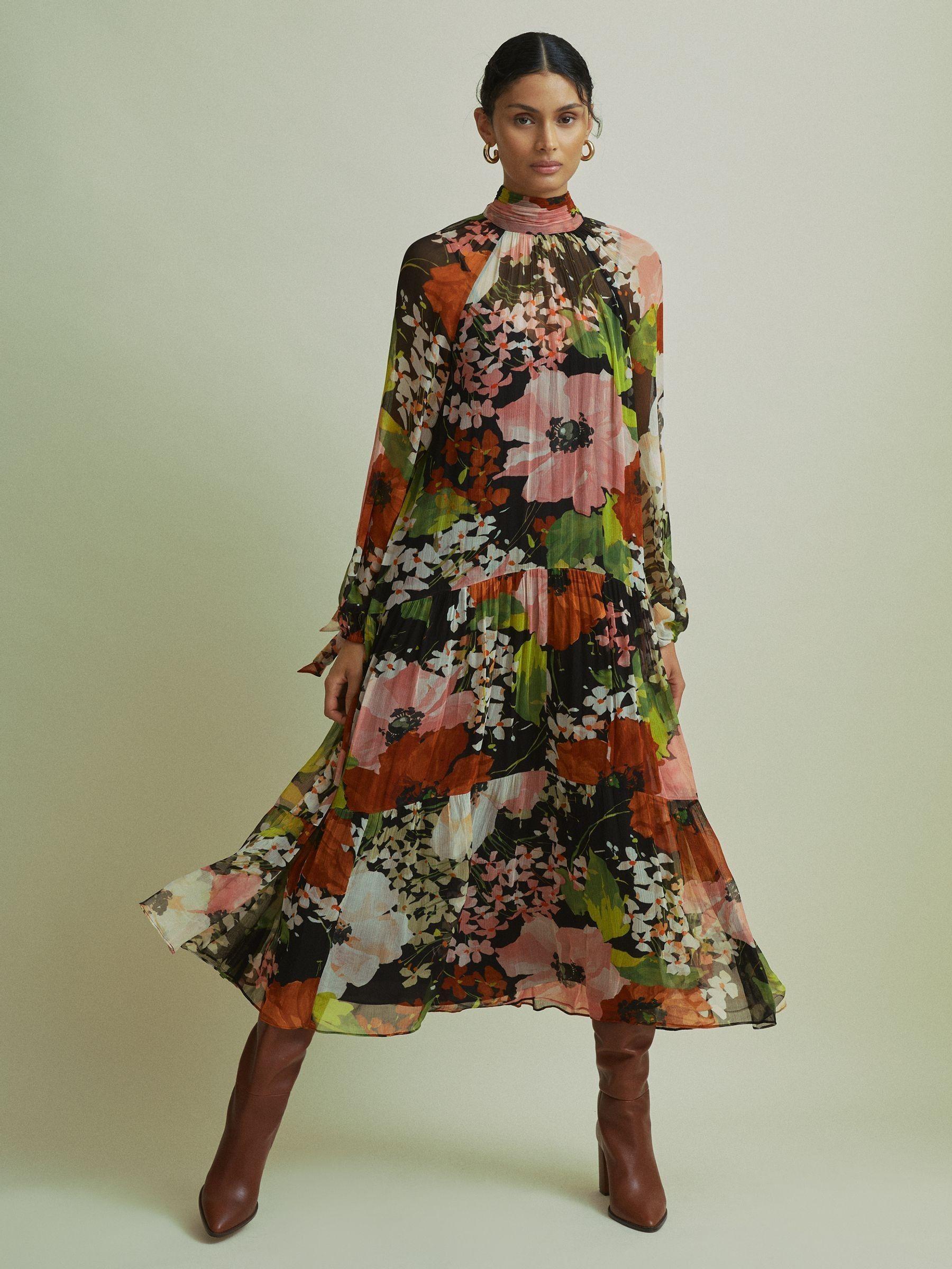 Florere Multi Tiered Tie Neck Midi Dress in Multi Product Image