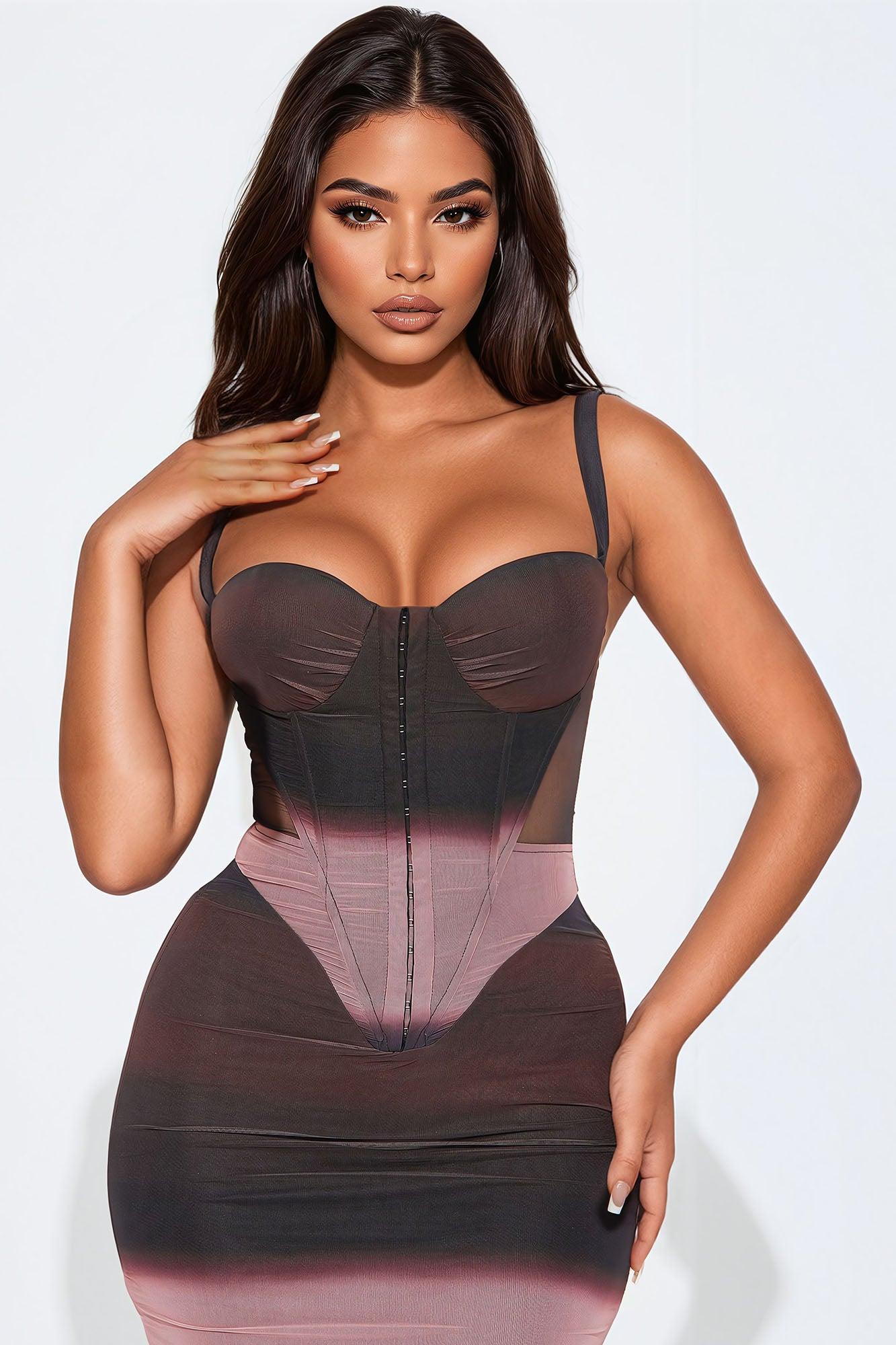 Maeve Mesh Corset Midi Dress - Brown/combo Product Image