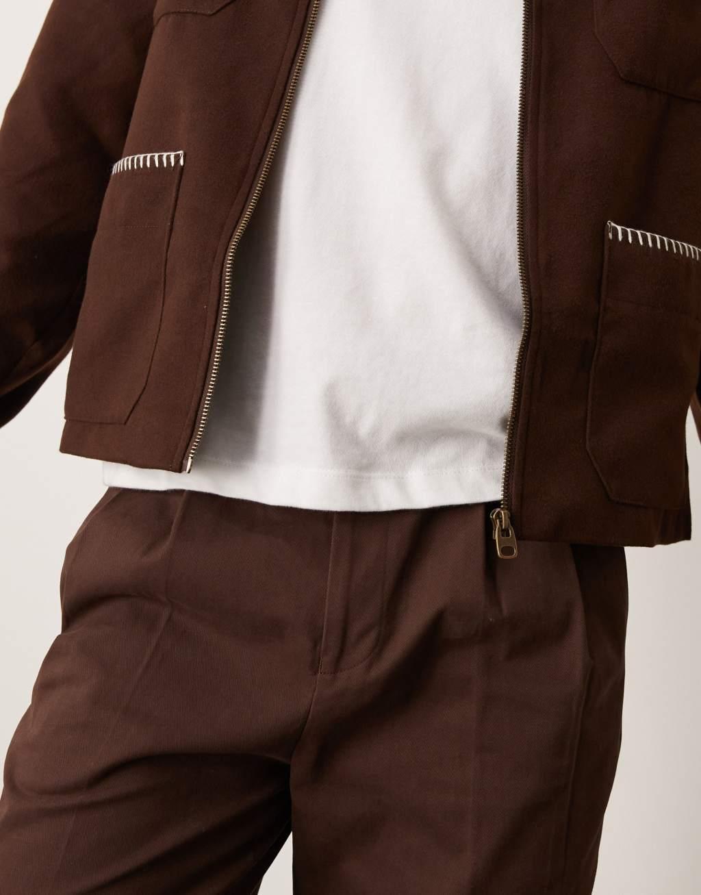 ASOS DESIGN smart tapered cotton chino pants with front pleats in brown Product Image