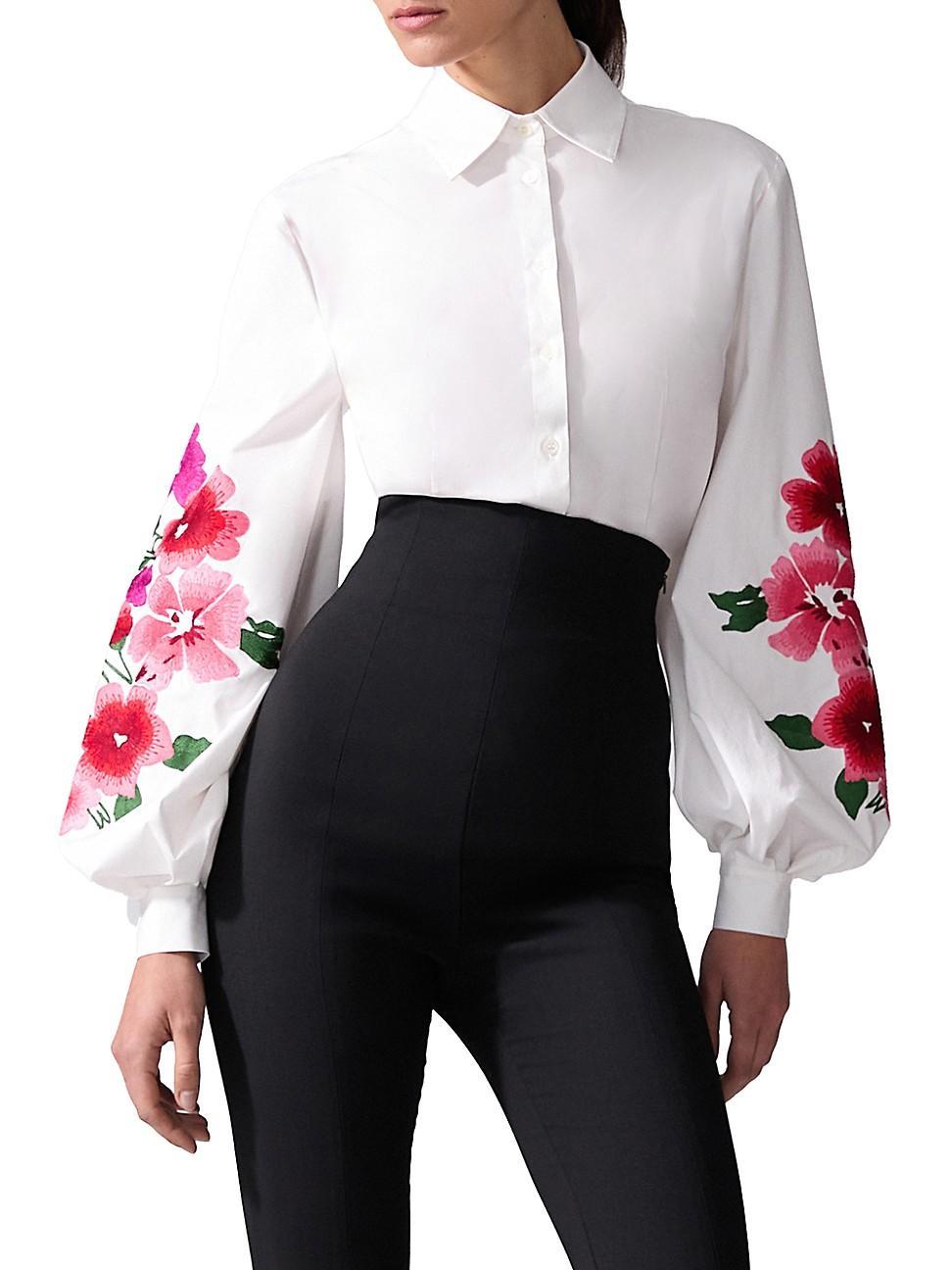 Womens Embroidered Puff Sleeve Button-Front Shirt Product Image