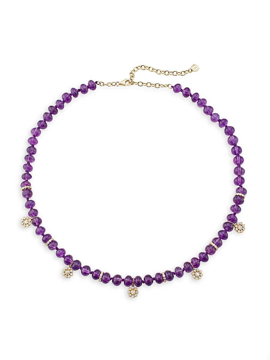 Womens Daisy Beaded 14K Gold, Diamond & Amethyst Necklace Product Image