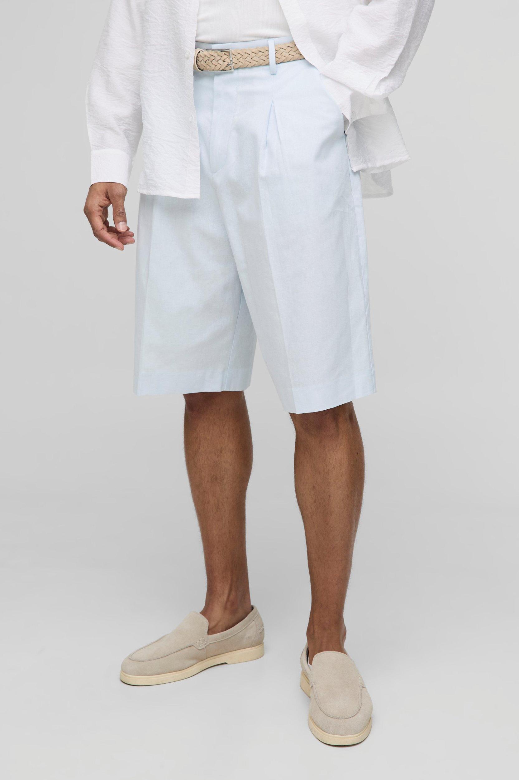 Relaxed Fit Linen Blend Pleat Front Fixed Waistband Tailored Shorts | boohooMAN USA Product Image