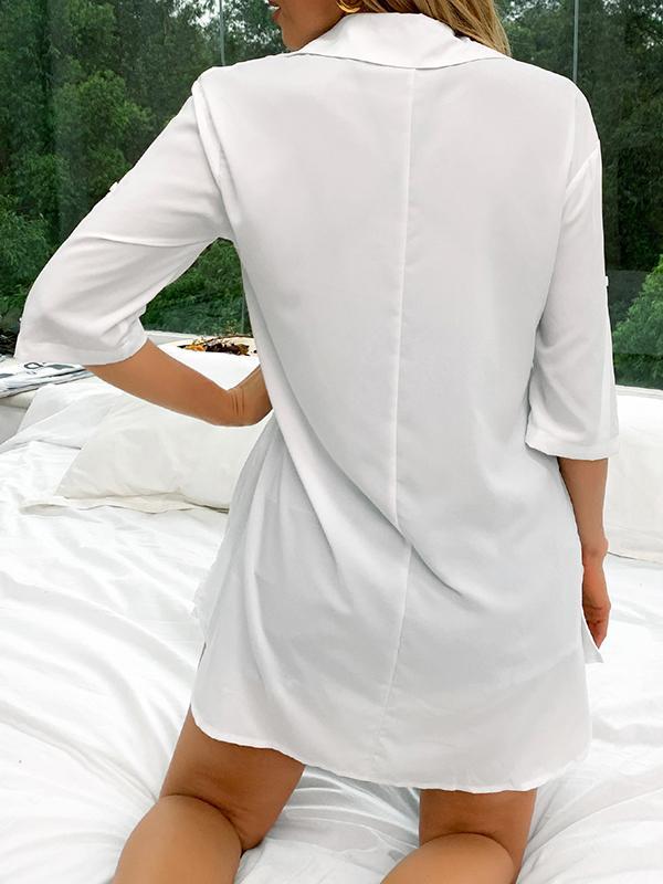 Half Sleeves Loose Pleated Solid Color Split-Joint Split-Side Lapel Blouses&Shirts Tops Product Image