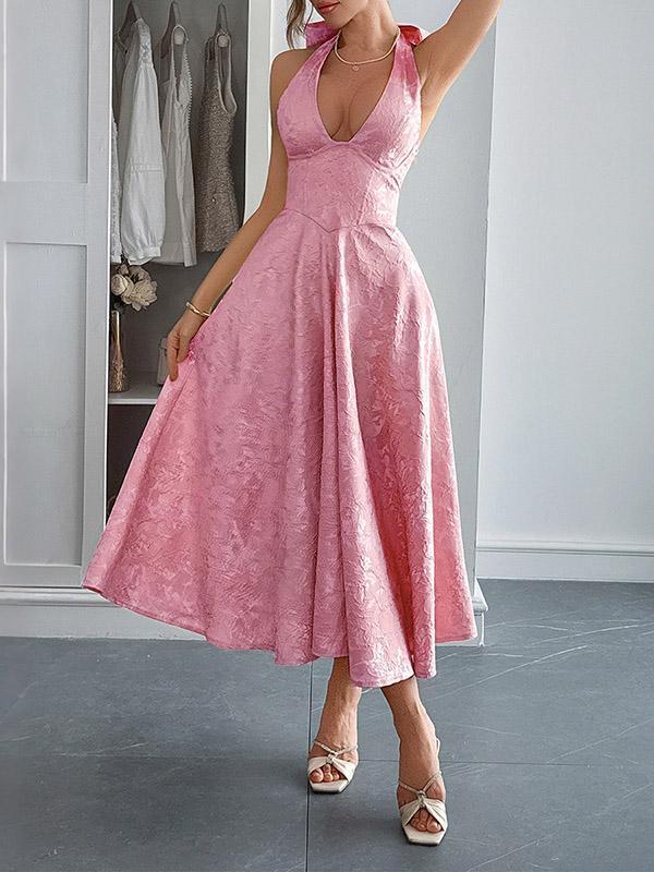 A-Line High Waisted Backless Drawstring Jacquard Pleated Solid Color Tied Deep V-Neck Midi Dresses Product Image