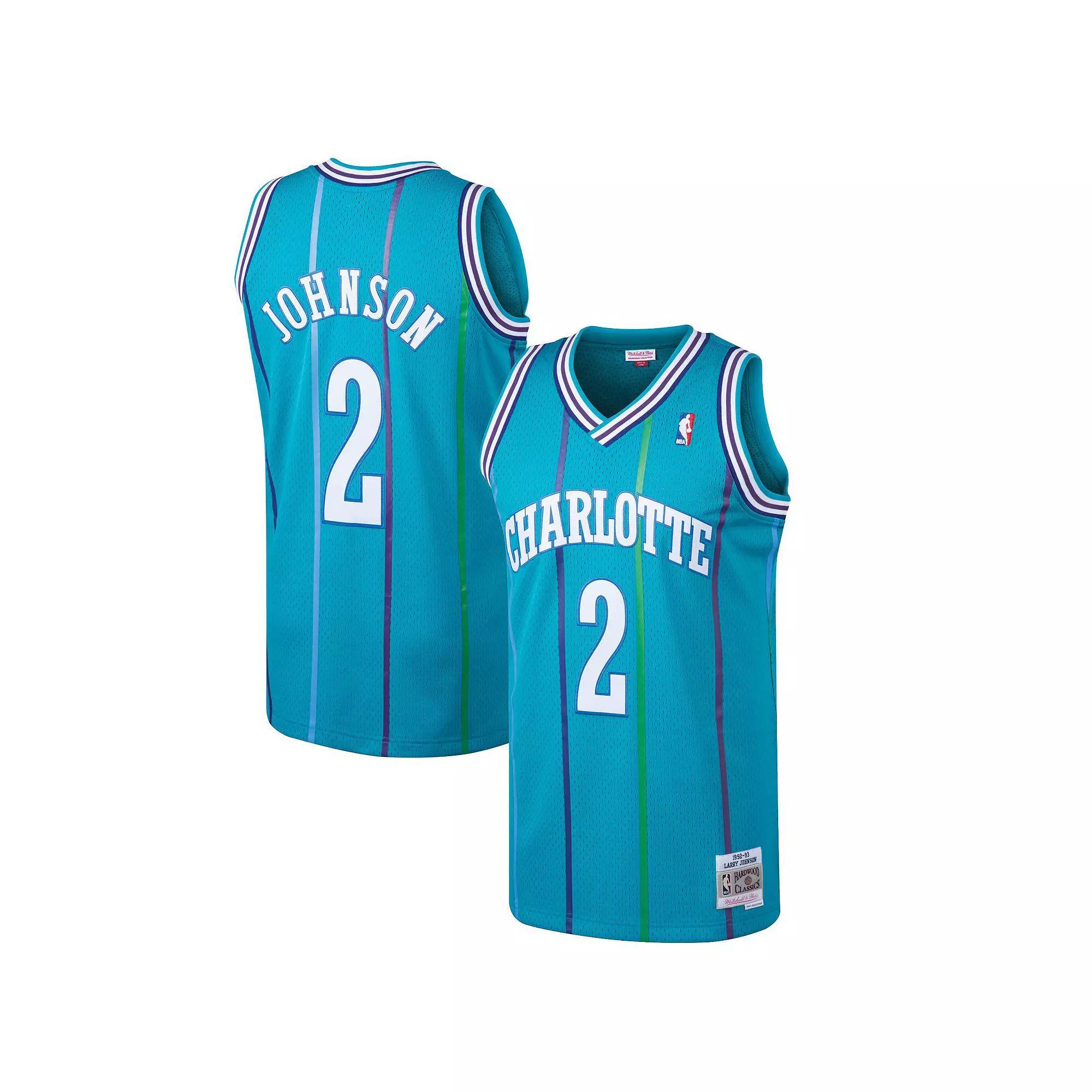 Men's Mitchell & Ness Larry Johnson Teal Charlotte Hornets Hardwood Classics Swingman Jersey, Size: Medium, Chr Blue Product Image
