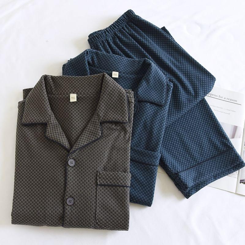 Pajama Set: Long-Sleeve Lapel Collar Checked Button Top + Pants Product Image