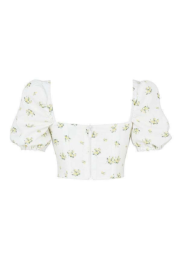 Arianna Ivory Floral Puff Sleeve Cropped Top Product Image