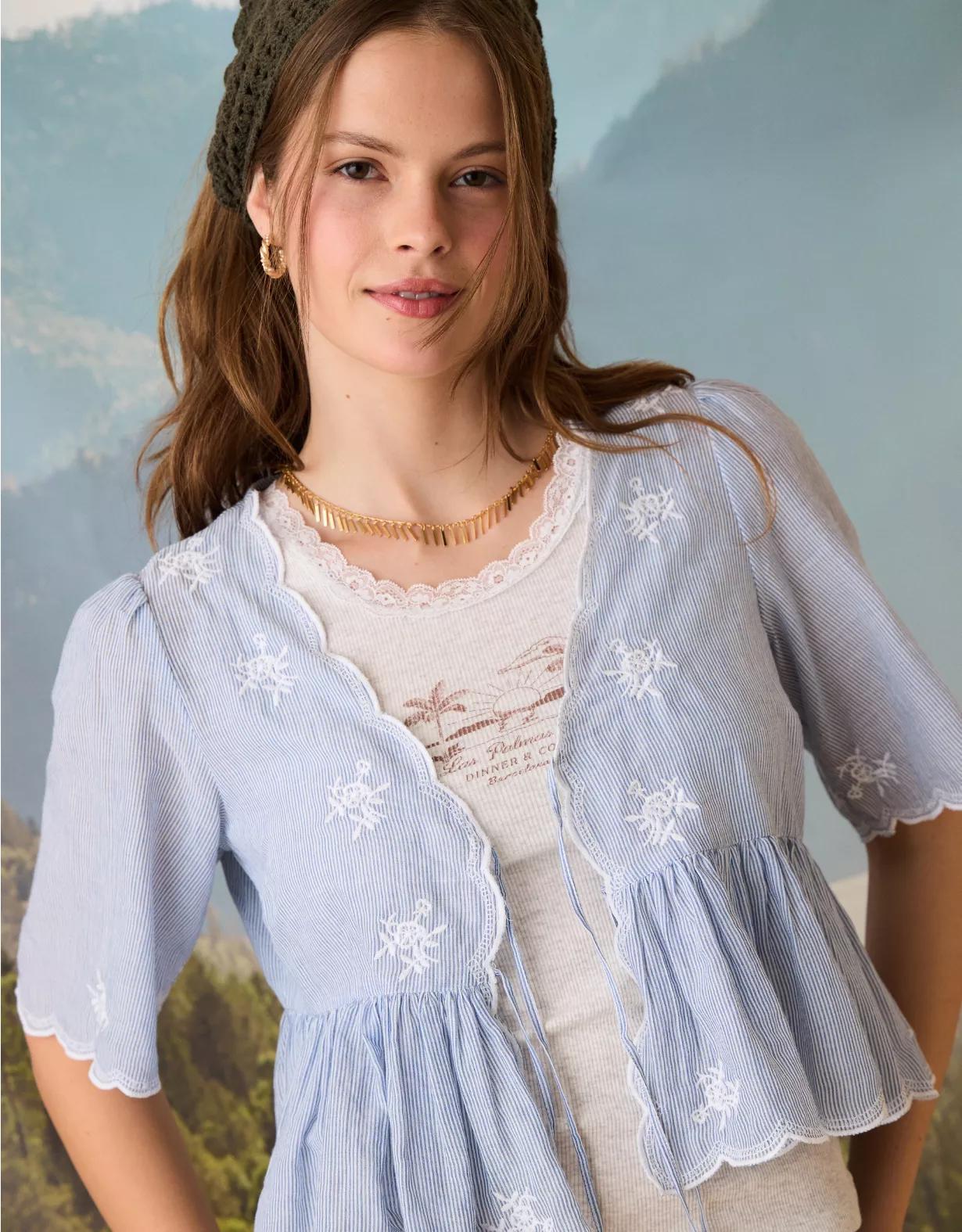 AE Embroidered Tie Front V-Neck Blouse Product Image