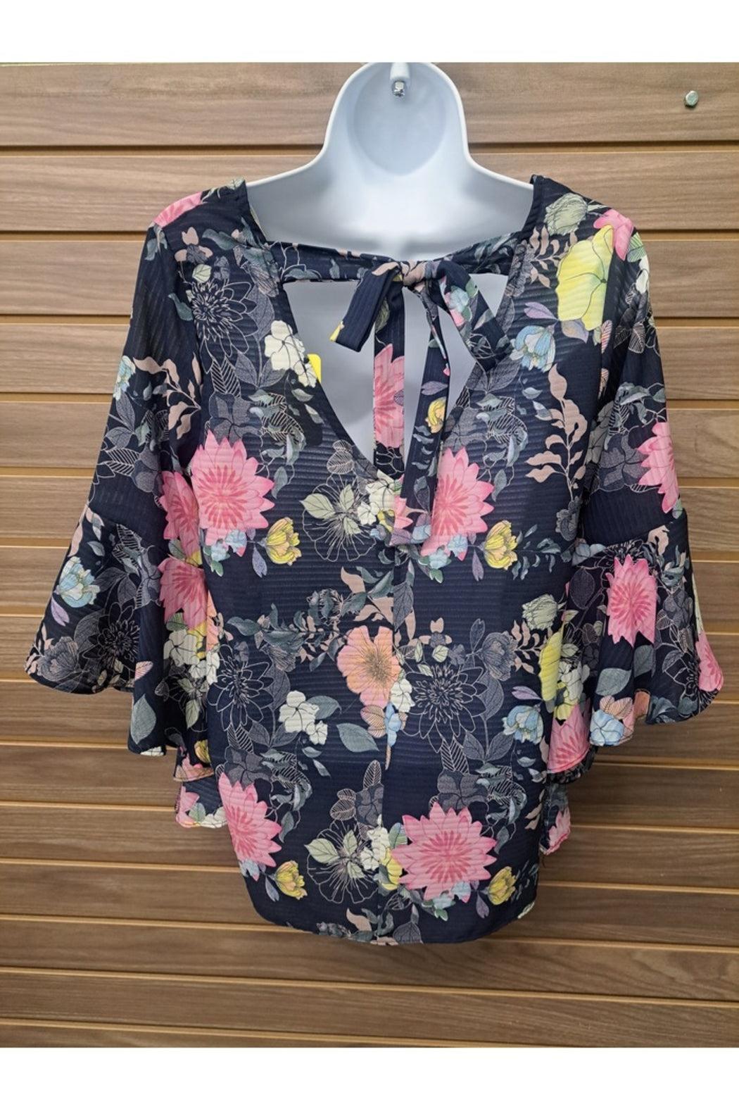 Blue floral bell sleeve back tie top Product Image