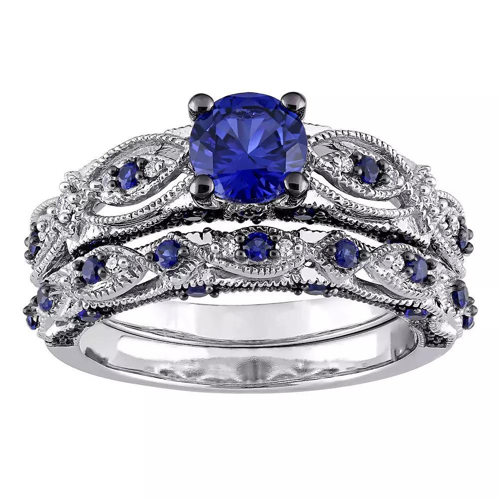 Stella Grace 10k White Gold Lab-Created Sapphire & 1/10 Carat T.W. Diamond Vintage Filigree Engagement Ring Set, Women's, Size: 6.50, 10k Whgold Product Image